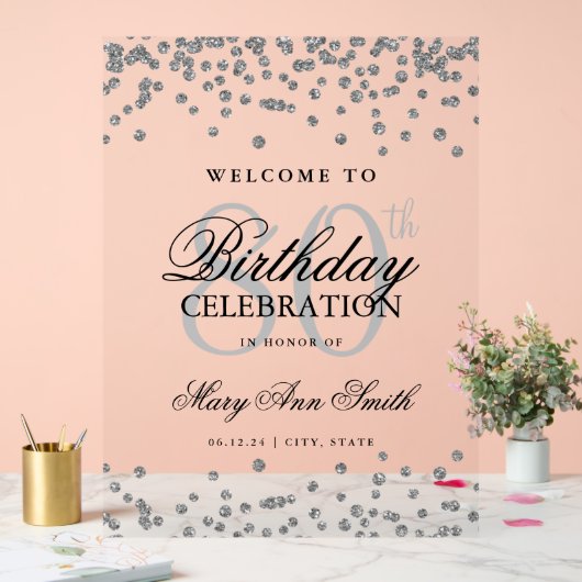 Zilveren Confetti Glitter 80e verjaardag Welkom Acryl Bord (Huwelijk)