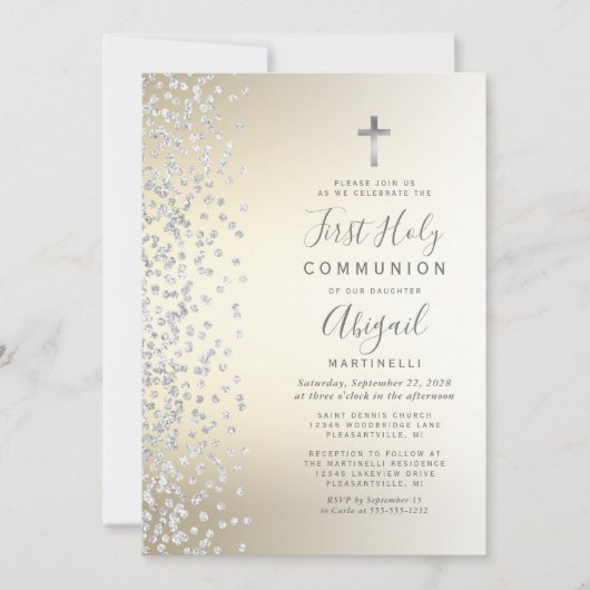 Zilveren Confetti Goud Ombre Eerste Heilige Commun Kaart (Voorkant)