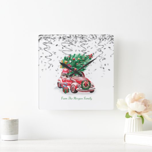 Zilveren Confetti, Kerst Rode Auto Pine Tree Snow Vierkante Klok (Huis)
