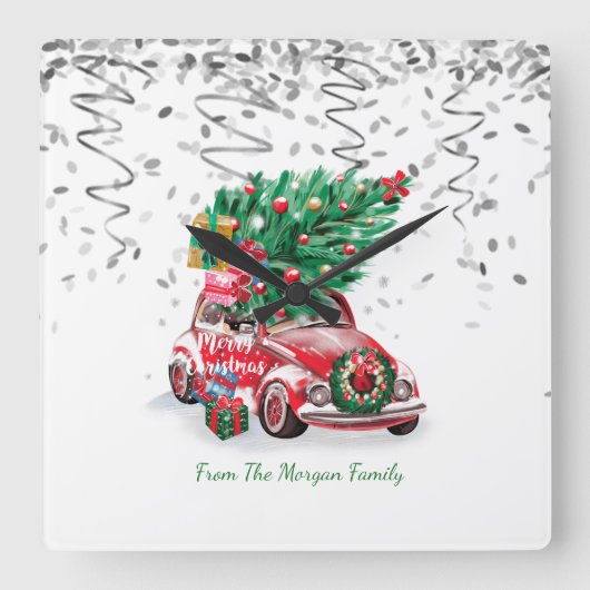 Zilveren Confetti, Kerst Rode Auto Pine Tree Snow Vierkante Klok (Voorkant)