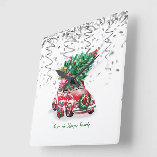 Zilveren Confetti, Kerst Rode Auto Pine Tree Snow Vierkante Klok (Hoek)