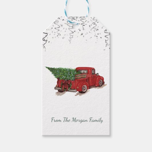 Zilveren Confetti, Kerst Rode Truck Dennenboom Cadeaulabel (Voorkant)