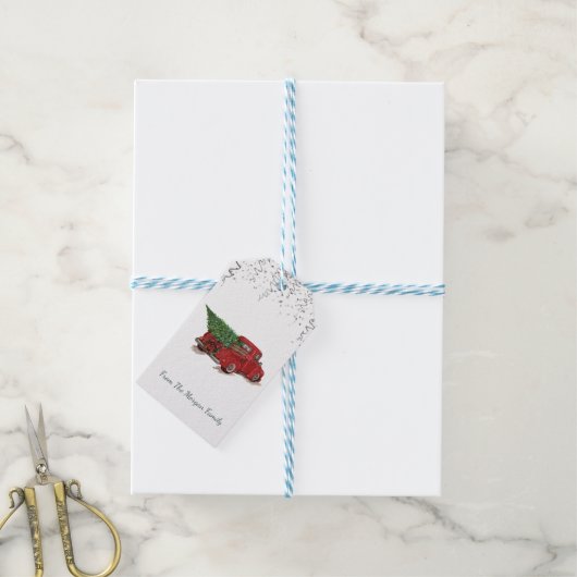 Zilveren Confetti, kerstrode betonnen boom Cadeaulabel (Met Touw)