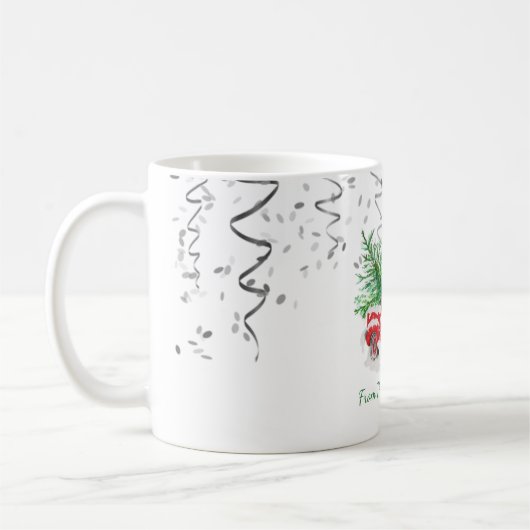 Zilveren Confetti, kerstrode driekleurenboom sneeu Koffiemok (Links)