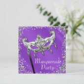 Zilveren Confetti Lavendel Paarse Masquerade Party Kaart (Staand voorkant)