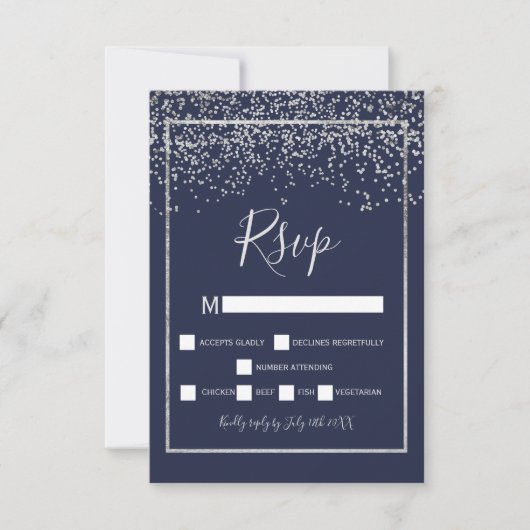 Zilveren confetti marine blauw typografie rsvp (Voorkant)