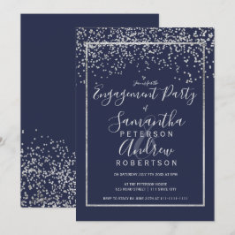 Zilveren confetti marine blauw typografie verlovin kaart