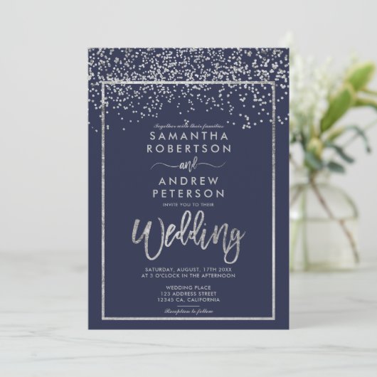 Zilveren confetti marine blauw winter script bruil kaart (Staand voorkant)
