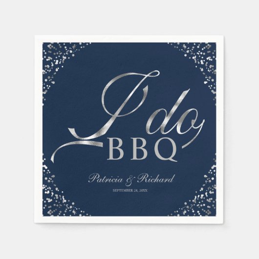 Zilveren Confetti Navy I Do BBQ Verloving Feest Servet (Voorkant)