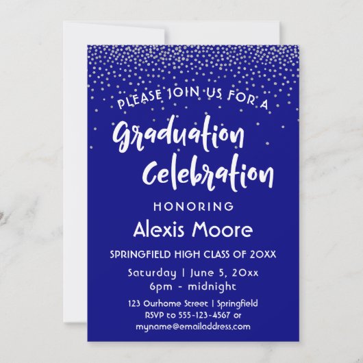 Zilveren confetti over marineblauw, diploma-uitrei kaart (Voorkant)