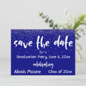 Zilveren confetti over navy/wit, Save the Date 2b Kaart (Staand voorkant)