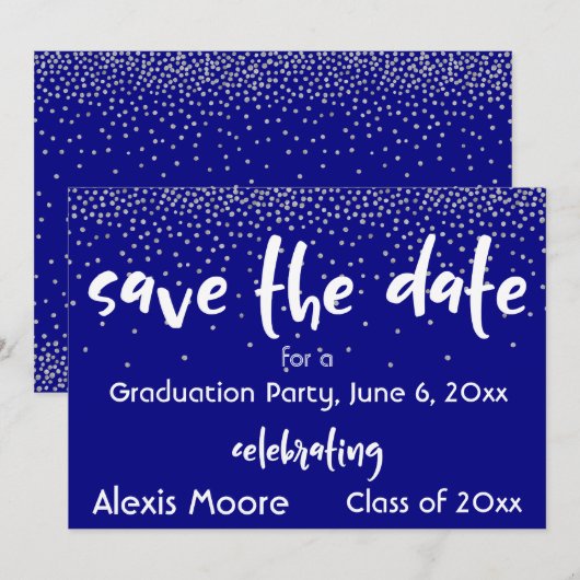 Zilveren confetti over navy/wit, Save the Date 2b Kaart (Voorkant / Achterkant)