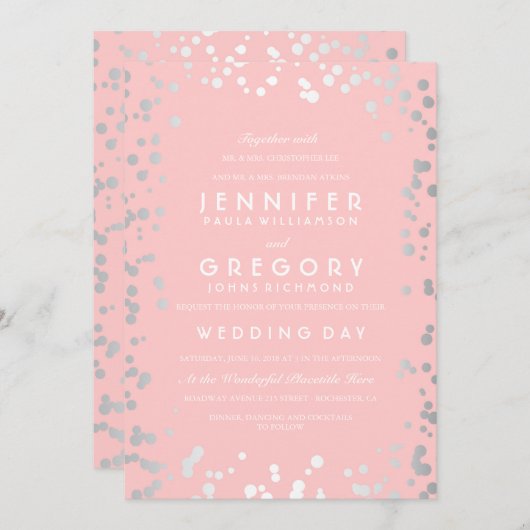 Zilveren Confetti Roze Moderne en Elegante bruilof Kaart (Voorkant / Achterkant)