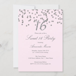 Zilveren Confetti Roze Sweet Sixteen Uitnodiging
