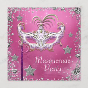 Zilveren Confetti Roze Zwarte Maskerade Feest Kaart