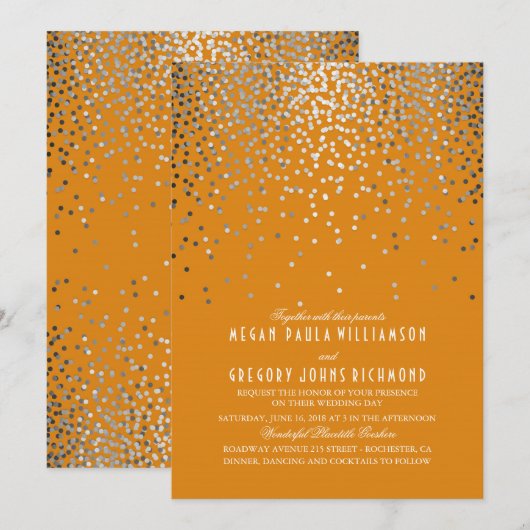 Zilveren Confetti - Sterrenlichten Oranje bruiloft Kaart (Voorkant / Achterkant)
