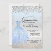 Zilveren Confetti Stippen, Blauwe Dress Quinceañer Kaart (Voorkant)