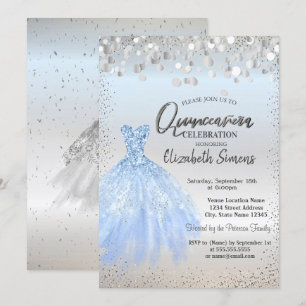 Zilveren Confetti Stippen, Blauwe Jurk Quinceañera Kaart