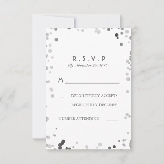 Zilveren Confetti Wit Elegante Trouwen RSVP Kaarte (Voorkant)