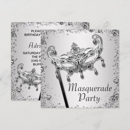 Zilveren Confetti Zwart Wit Masquerade Party Kaart (Voorkant / Achterkant)