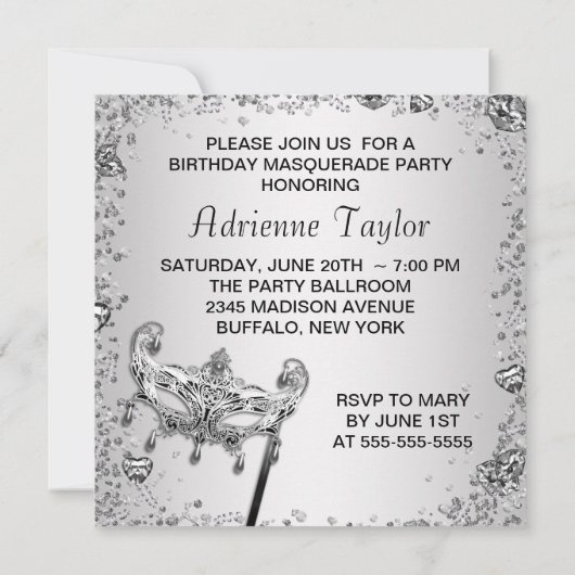 Zilveren Confetti Zwart Wit Masquerade Party Kaart (Achterkant)