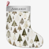 Zilveren Crème Groene Kerstbomen Grote Kerstsok (Voorkant)