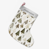 Zilveren Crème Groene Kerstbomen Grote Kerstsok (Voorkant (Hangend))