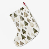 Zilveren Crème Groene Kerstbomen Grote Kerstsok (Achterkant (Hangend))