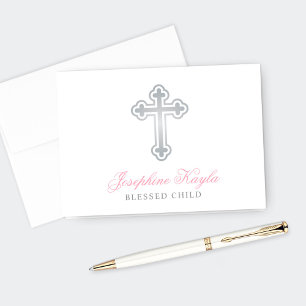 Zilveren Cross Baby Meisje Dop Roze Gepersonalisee Bedankkaart