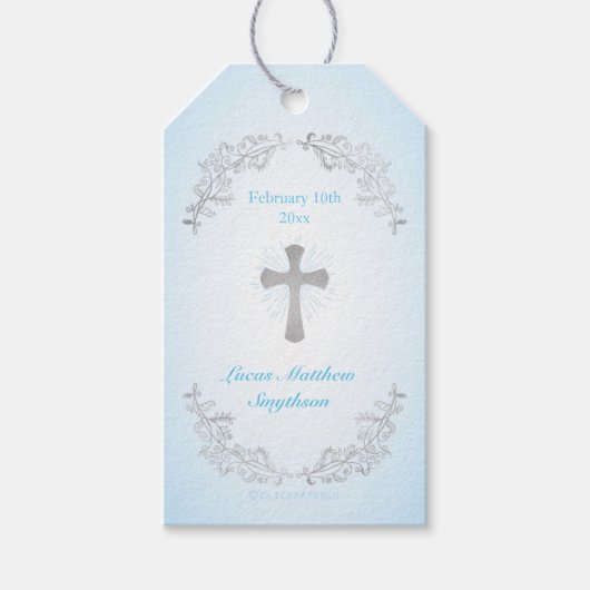 Zilveren Cross Blue Baptism Cadeau Labels Cadeaulabel (Voorkant)