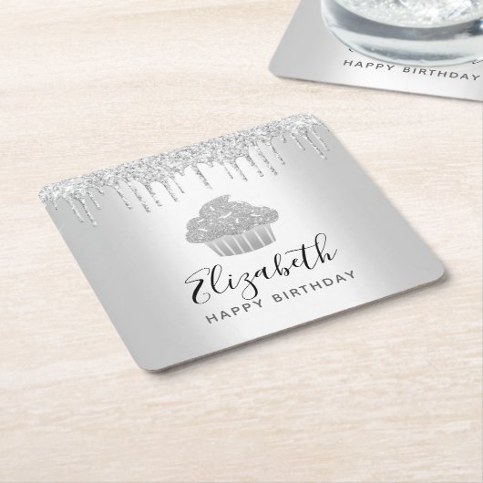 Zilveren cupcake glitter druppels script naam mode kartonnen onderzetters (Schuin)