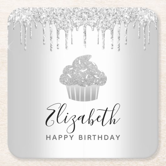 Zilveren cupcake glitter druppels script naam mode kartonnen onderzetters (Voorkant)