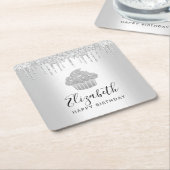 Zilveren cupcake glitterscript naam modern kartonnen onderzetters (Schuin)