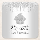 Zilveren cupcake glitterscript naam modern kartonnen onderzetters (Voorkant)