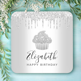 Zilveren cupcake glitterscript naam modern kartonnen onderzetters