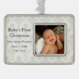 Zilveren Damask Baby's Eerste Kerstmis Verzilverd Omlijst Ornament