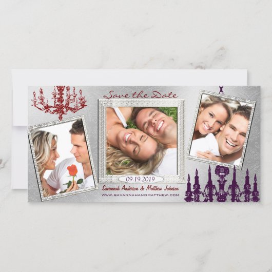 Zilveren Damask Kroonluchter Rood & Pruim Save The Date (Voorkant)