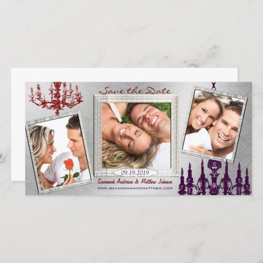 Zilveren Damask Kroonluchter Rood & Pruim Save The Save The Date (Voorkant / Achterkant)