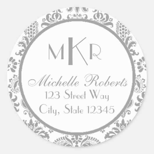 Zilveren Damask Rond Terugkeeradresetiket Ronde Sticker (Voorkant)