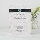 Zilveren Damask Zwart Lint Blauw Juweel Post Weddi Kaart (Staand voorkant)
