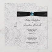 Zilveren Damask Zwart Lint Blauw Juweel Post Weddi Kaart (Voorkant / Achterkant)