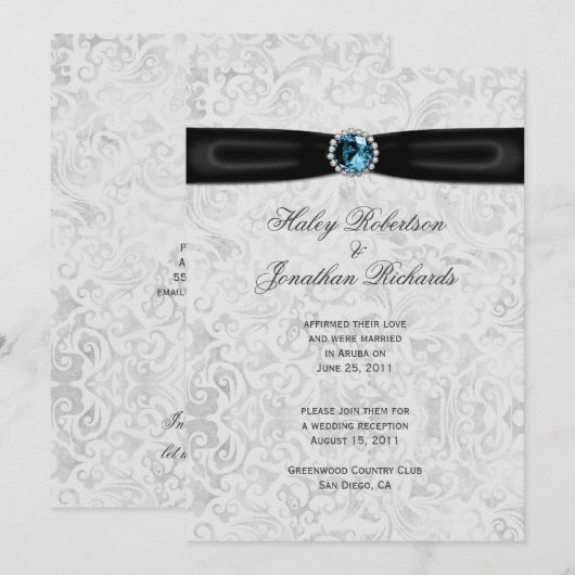 Zilveren Damask Zwart Lint Blauw Juweel Post Weddi Kaart (Voorkant / Achterkant)