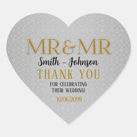 Zilveren damast en goud Mr & Mr Gay Wedding Hart Sticker (Voorkant)