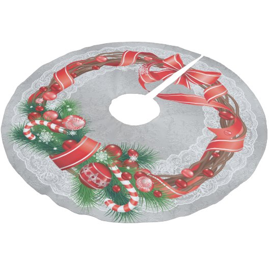 Zilveren Damast en Kant met Kerstkrans Kerstboom Rok (Gekanteld)