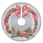 Zilveren Damast en Kant met Kerstkrans Kerstboom Rok (Voorkant)