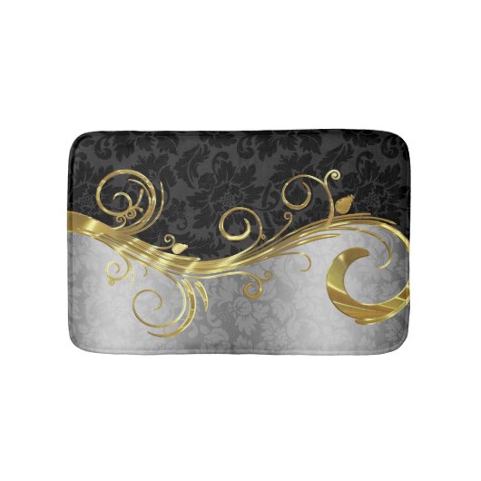 Zilveren damast en zwarte damast badmat (Voorkant)