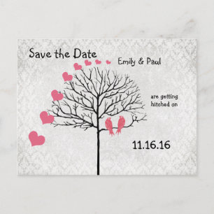 Zilveren Damast Kamperfoelie Vogels Save the Date Aankondigingskaart