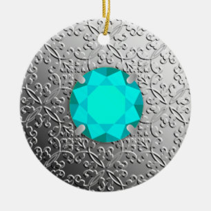 Zilveren damast met een nepaquamarine edelsteen keramisch ornament