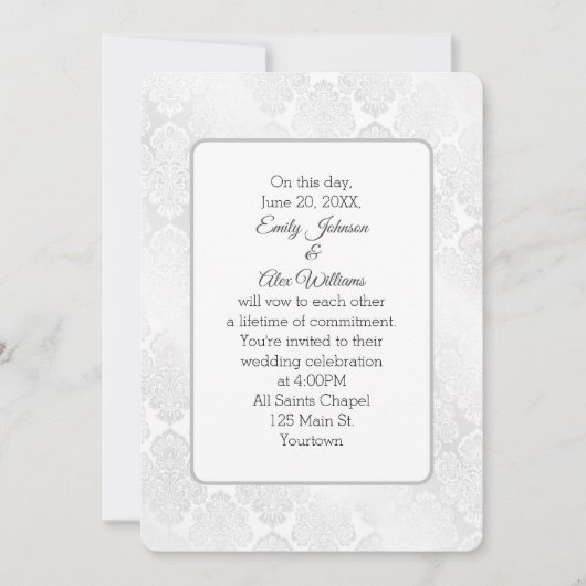 Zilveren Damast Shimmer Bruiloft Bloemen Ontwerp Kaart (Voorkant)