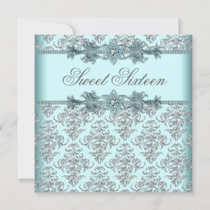 Zilveren Damast Teal Blauwe Sweet 16 Verjaardagsfe Kaart